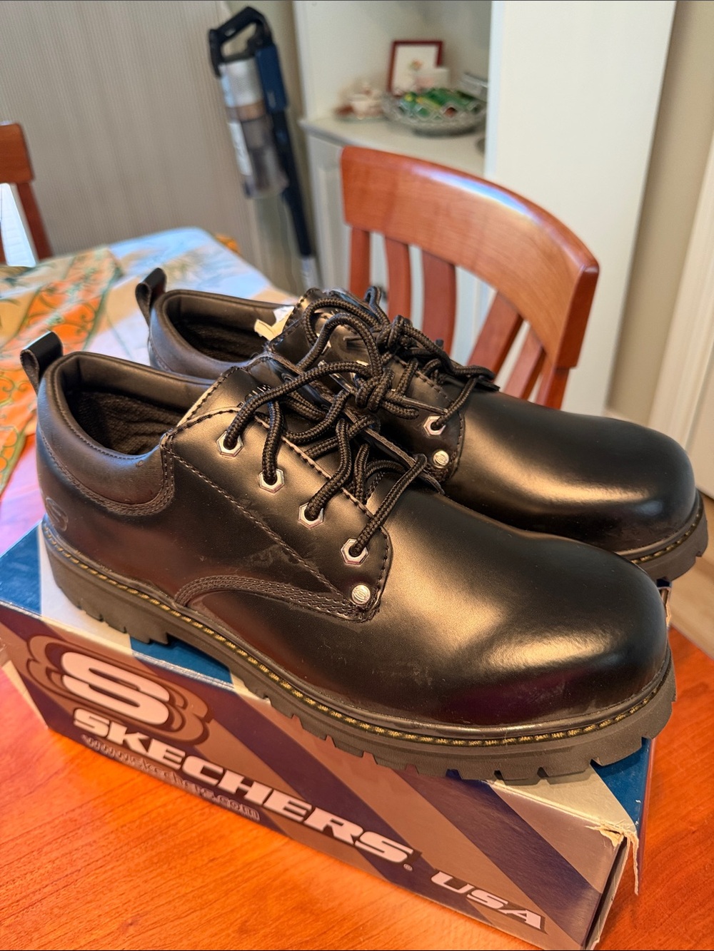 Skechers Black Leather-Look Lace-Up Work Oxfords